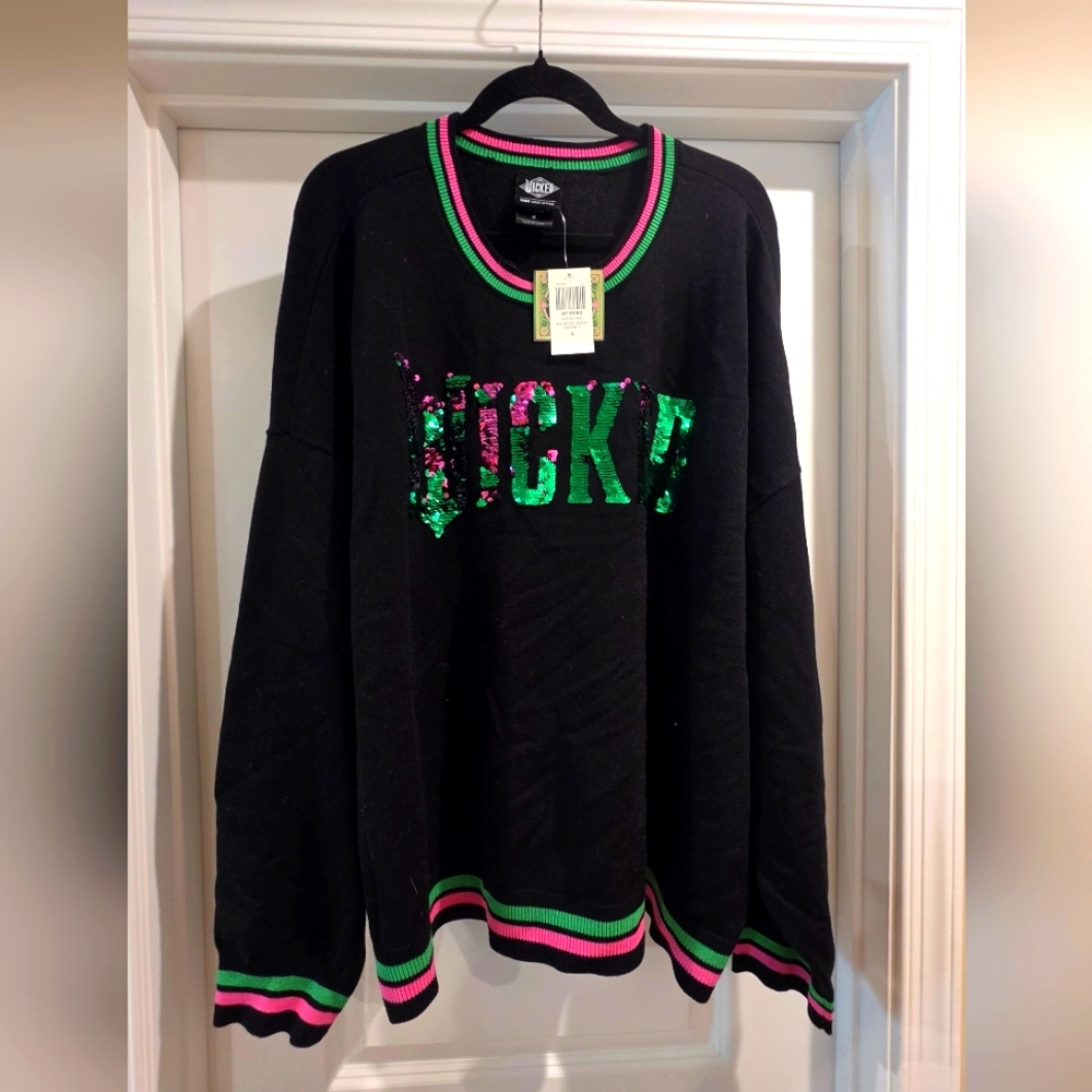 Her Universe Black Sequin "Wicked" Sweatshirt with Pink & Green Trim